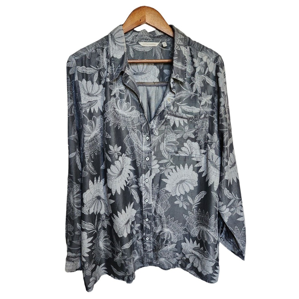 Soft Surroundings Grey Evie‎ Button Down Floral Button-up Blouse Size 1X